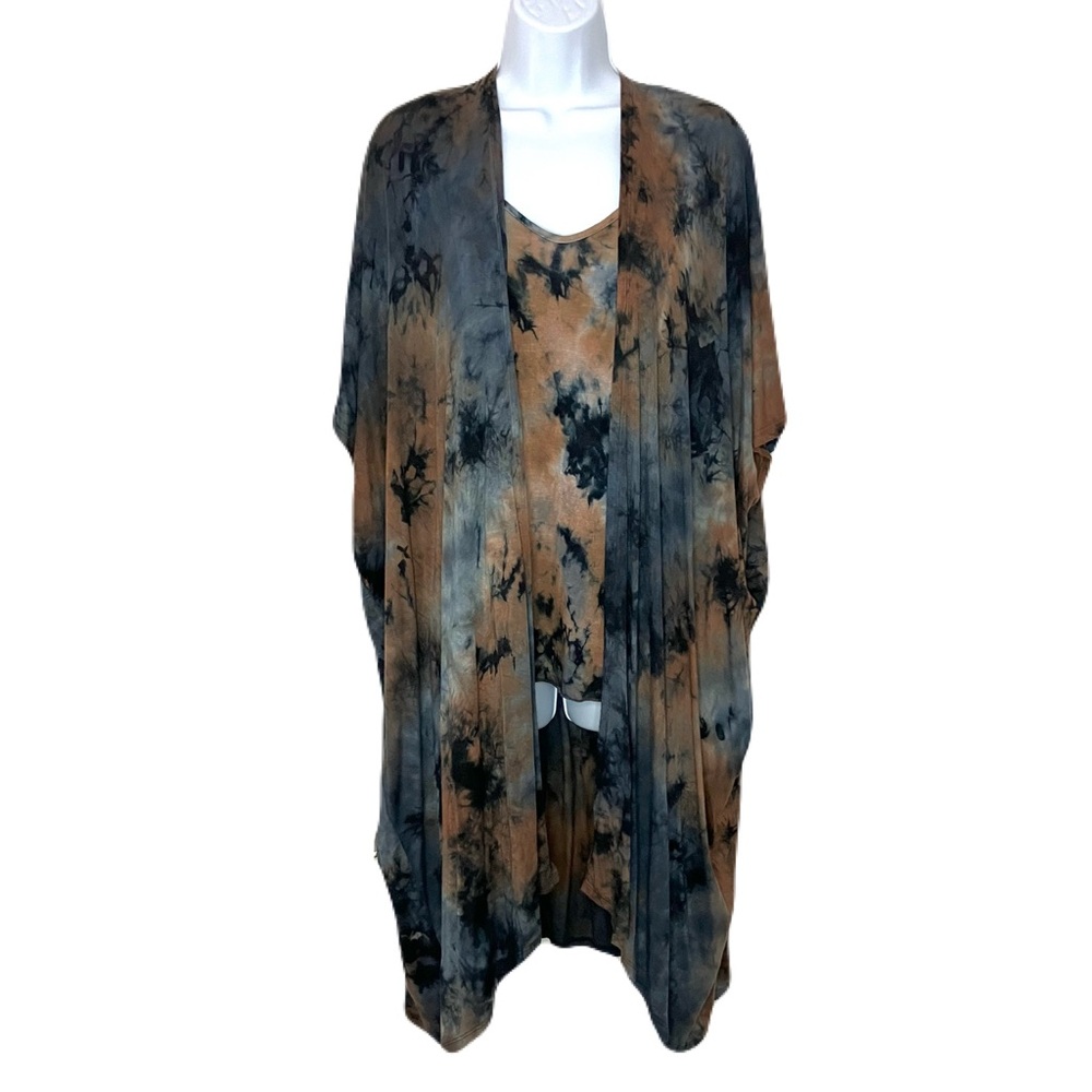 Mauve and Coin 1804 Tie-Dye Kimono and Tank Set - Navy and Brown
